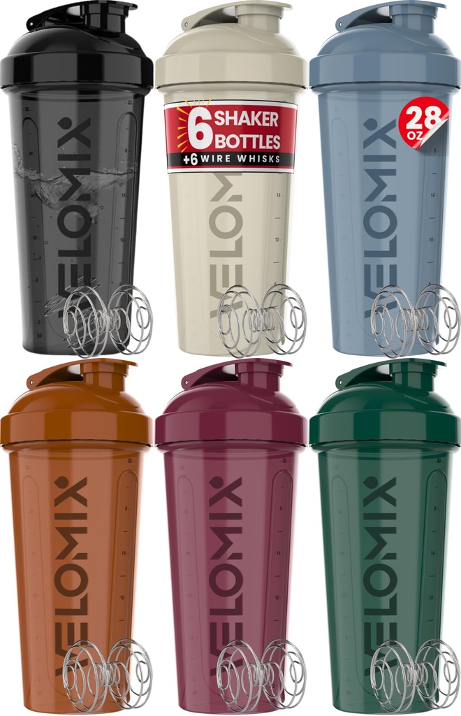 VELOMIX -6 Pacific- 28 oz Protein Shakerflaske for proteinblandinger - 6x Wire Whisk | Leak Proof Shaker Cups for Protein Shaker flaskepakke | Proteinshake Cup (Ørte toner samling)