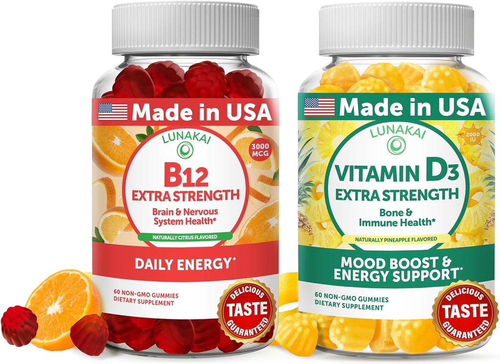 Lunakai vitamin B12 og vitamin D3 Gummies Bundle - 3000 mcg B12 og 25 mcg 1000 UI VIT D3 - Glutenfri, Ingen Corn Syrup, Organisk, Ikke-GMO, Plant Basert Gelatin Gratis