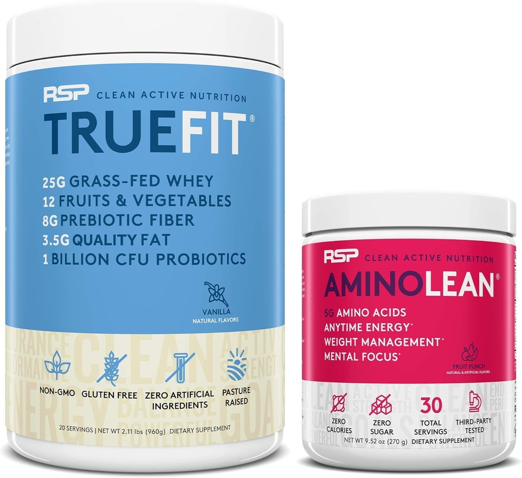 RSP NUTRITION AminoLean Pre Workout Energi (Fruit Punch 30 Serveringer) med TrueFit Protein pulver (Vanilla 2 LB)