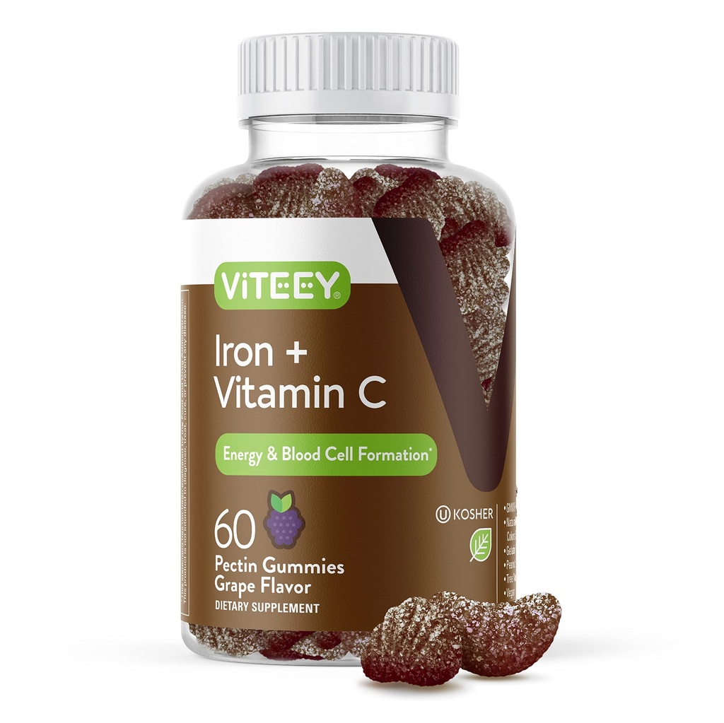 Viteey Iron Gummies - Jern med vitamin C - Energi, forbedret støtte og anemi Supplement for kvinner og menn - Vegan, Glutenfri - 60 greve