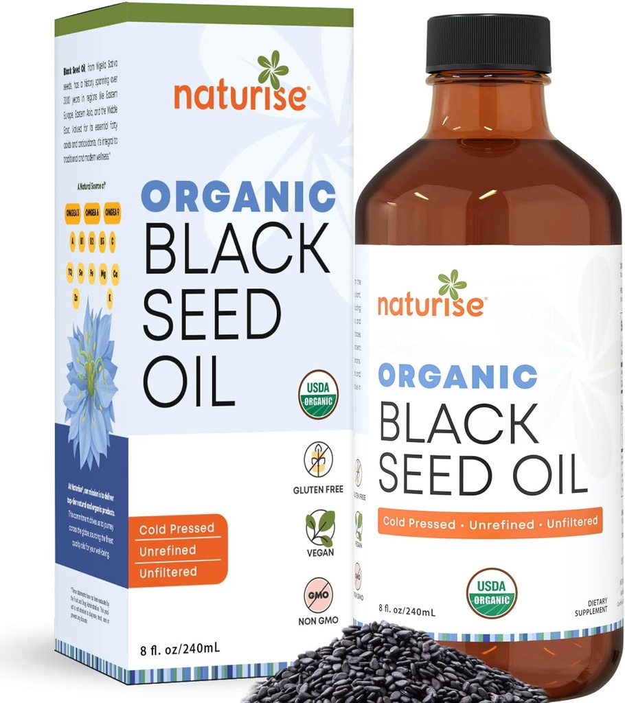 Organisk svart frøolje (Nigella Sativa, Cumin frø) Kaldt presset ikke-GMO, 8 oz glassflaske kilde til essensielle fettsyrer, Omega 3 6 9 '