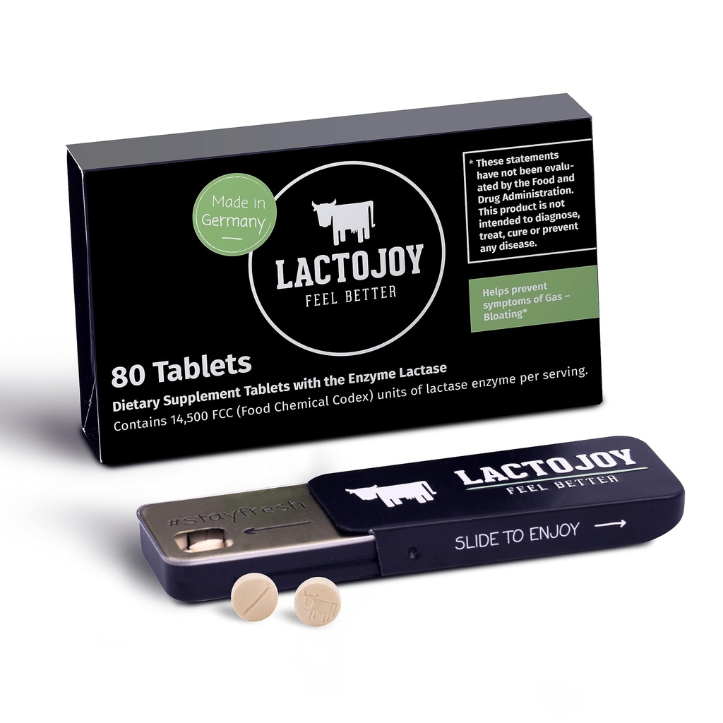 LactoJoy Lactase Pills 14,500 I 80 Pieces I Powerful Lactase Enzymes for Lactose Intolerance I Ultra Pure Lactase for Improved Digestion I No Silicon Dioxide, No Artificial Flavors, No Sucralose