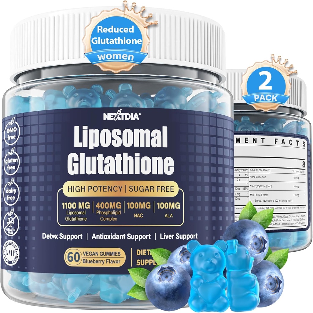 Liposomal Glutation Gummies Chews, 1100mg Konsentrert formel - 98% Biotilgjengelig w/Vitamin C, ALA, NAC & Melke Thistle for antioksidant - Liver Cleanse Detox Supplement, Vegan, 120 ct