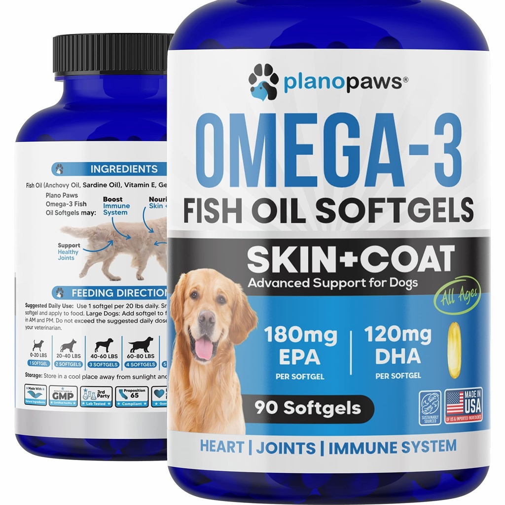 Omega 3 Fiskeolje for hunder - lakseolje for hunder - Hunde Fish Oil Supplement kan hjelpe shedding, allergi, kløe relief - støtter tørr hud, ledd - Hunde hud og Coat Supplement - 90 Fish Oil Pills EPA DHA