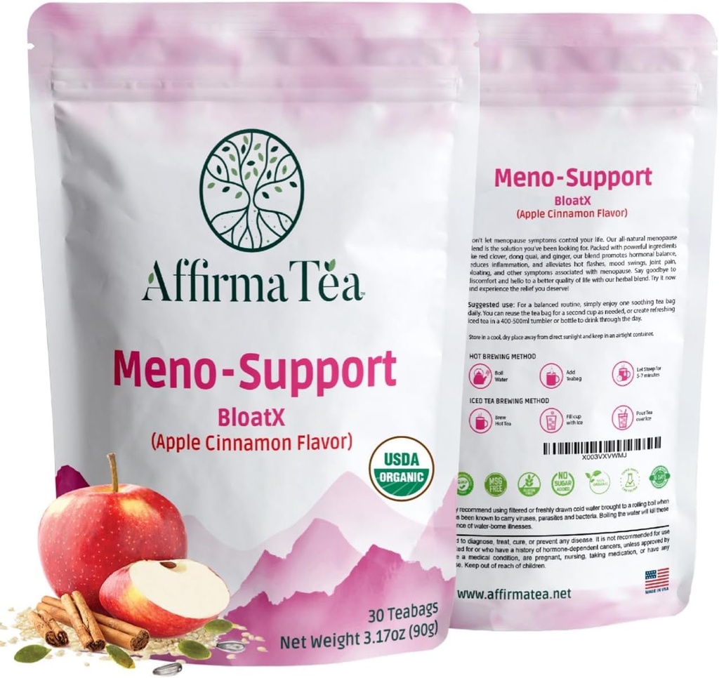 Meno-Support BloatX Organic Menopause Relief: Balanser og støtter Hot Flashes, Hormoner, Moods Swingers, Natt Sweats, & Bloating W/Black Cohosh, Rød Clover & Dong Quai. Naturlig Apple-Cinnamon Flavor.
