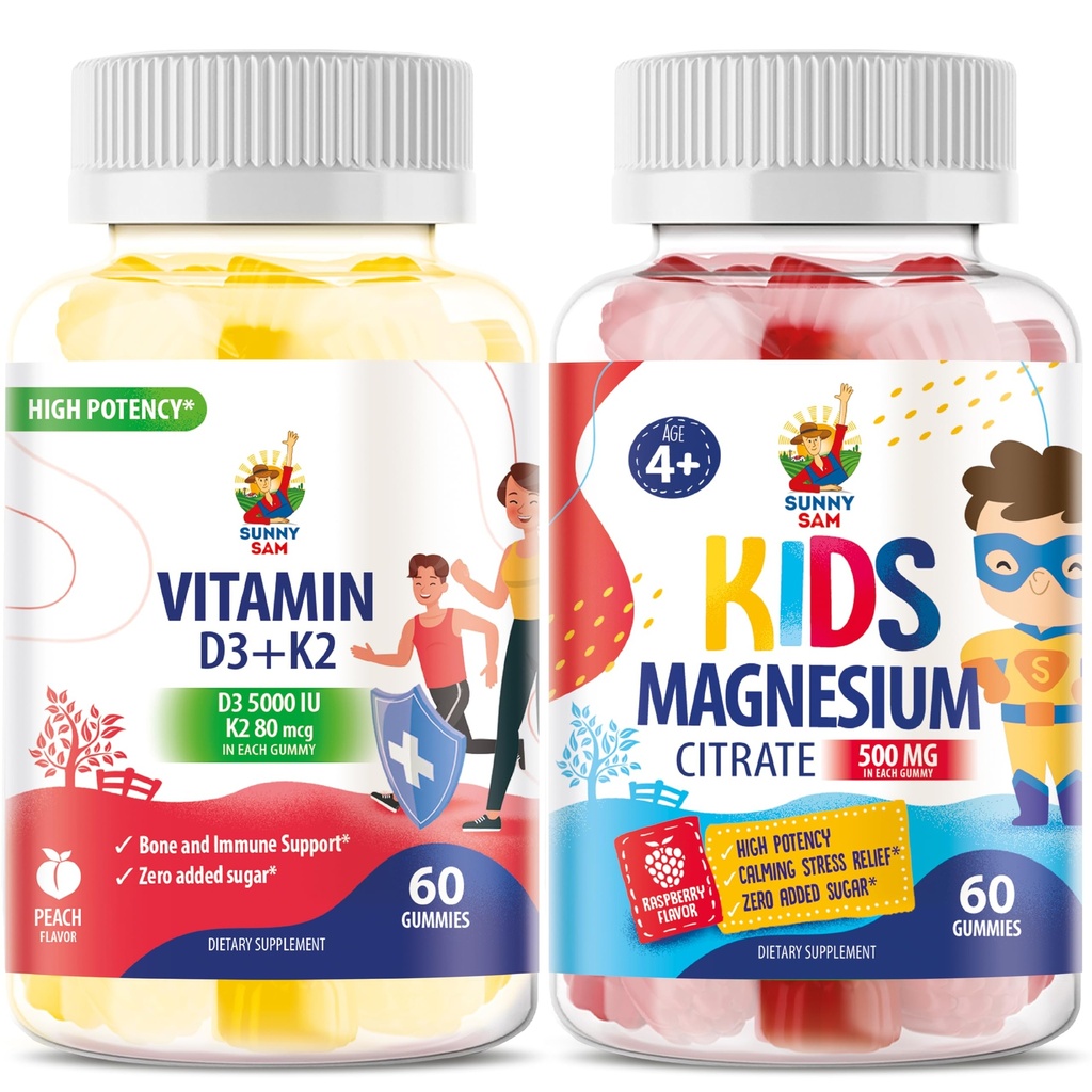 Magnesium Gummies for barn og vitamin D3 K2 Gummies 5000 IU - Immun & Bein Support - Sugar-fri vitamin D Gummy Supplement - høyabsorpsjon, Vegan, Glutenfri Gummies for voksne