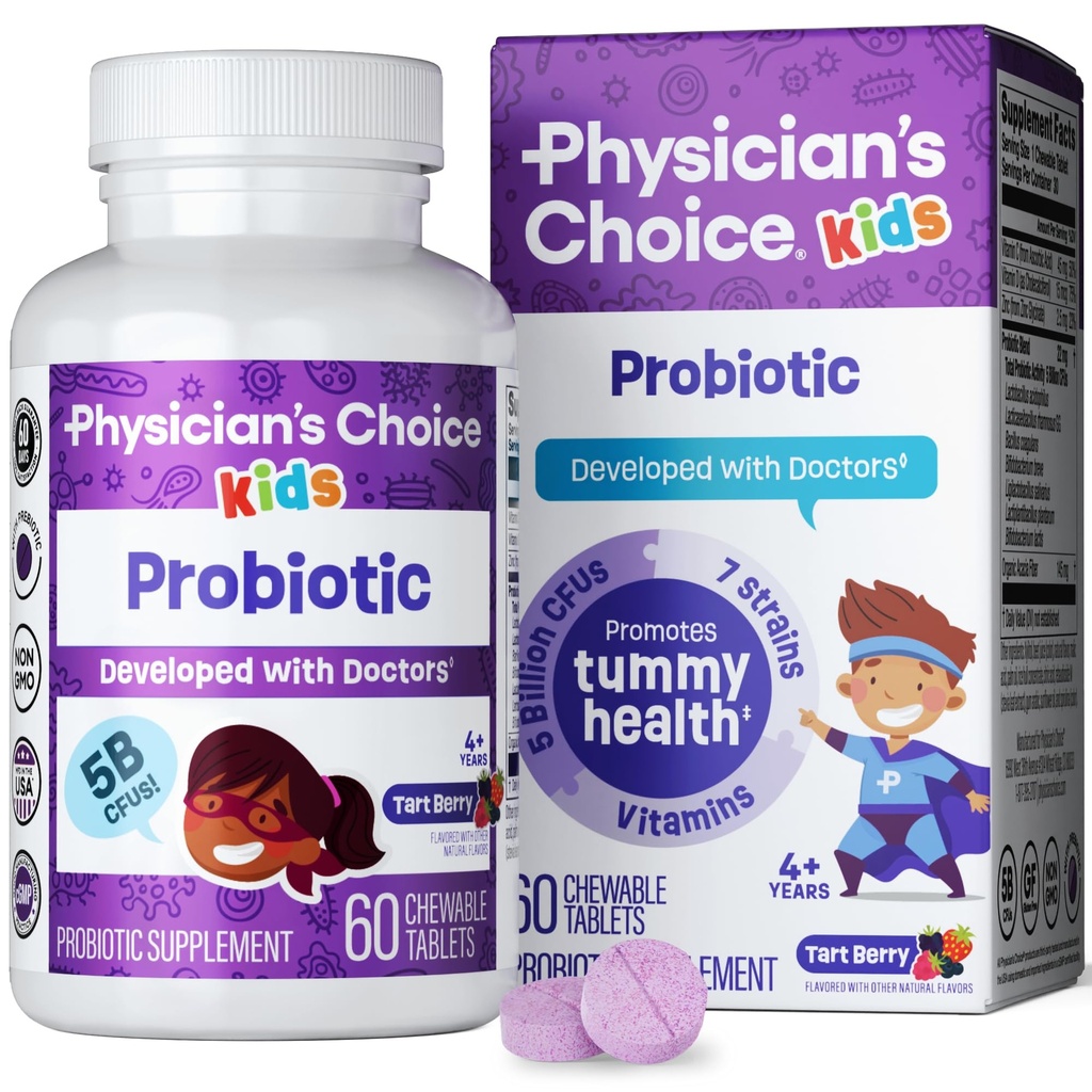 Legens CHOICE probiotika for barn - 7 Diverse Strains, organiske prebiotika, vitaminer og mineraler - klinisk studert L. Rhamnosus - Immun & Digestive Support - Ingen sukker eller kunstige dyser - 60ct