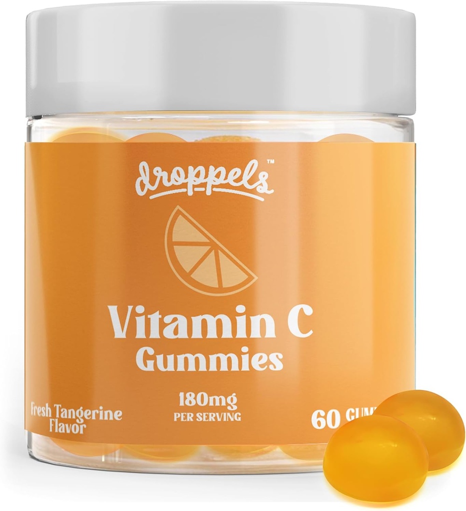 Droppels Vitamin C Gummies, 180 mg – Vegansk, Pectin Plant-basert immunstøtte Booster Supplement - Tangerine Flavor, 60 greve (1-måneders forsyning)