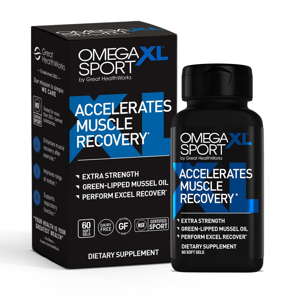 OmegaXL Sport Extra styrke Muskelgjenoppretting Supplement og respirasjonsstøtte - Forbedrer DOMS og ROM, klinisk støttet Grønn-lippede Musselolje (60 Softgels)