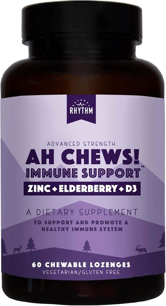 Naturlig rhythm Ah Chews! Immun Booster Lozenges for barn og voksne, Ingen tilsatt sukker, med eldrebær, sink og vitamin D3, 60 kapsler
