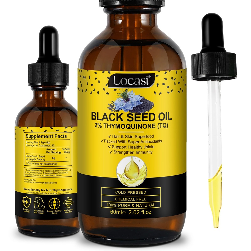 Uocasi Svart frøolje, kalde presset, 100% ren og naturlig , Hårvekst og hudpleie, 2.02 Fl Oz