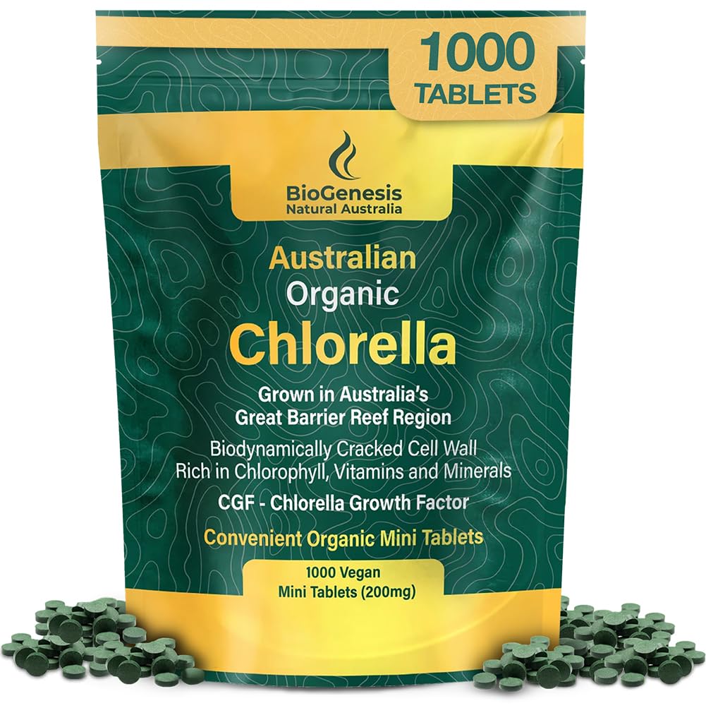 Biogenese organiske klorella Mini-tabletter – 1000 greve (200mg)  Australian Australian Grown | rik på klorofyll, vitaminer og mineraler | støtter energi og immunitet | Vegan Mini-tabletter