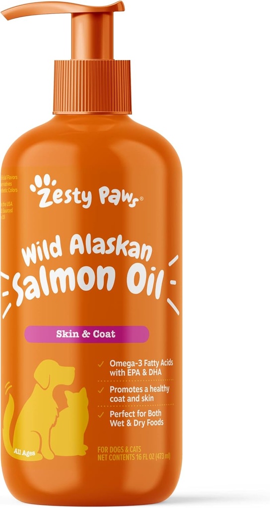 Zesty Paws Wild Alaskan Salmon Oil for hunder og katter-hud og coat støtte, Omega 3 Supplement for kjæledyr, 16oz, Pump Top