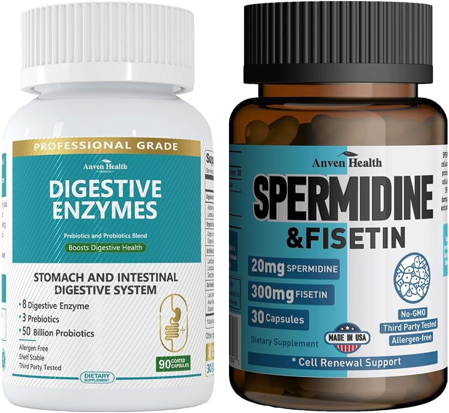 800 mg Digestive Enzymer for menn og kvinner + Spermidin & Fisetin Supplement - 20 mg 98% Spermidin 3HCL