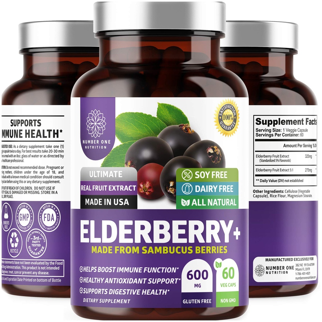 N1N Premium Black Elderberry Kapsler for voksne [Max Styrke] Ren og Potent Elderberry fra Sambucus Nigra til støtte immunitet og hud helse, ikke-GMO, Glutenfri, 60 Veg Caps