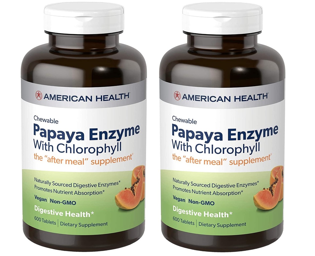 Amerikansk helse Papaya Enzyme med klorofyll Chewable Tabletter - 600 greve (200 totale serveringer) (pakke på 2)