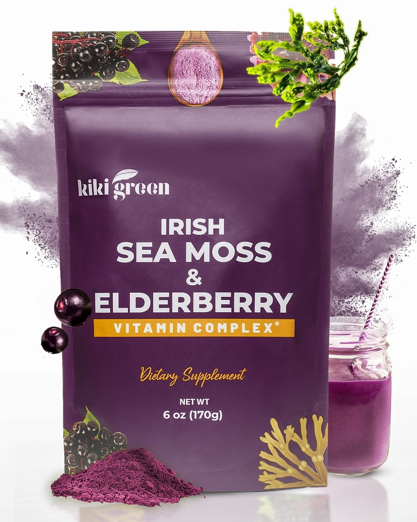 KIKI Green Sea Moss pulver med eldrebær - Vegansk Superfood Multivitamin blanding - for immunforsterkning og støtte - Legg til i smoothies, Juice, 6 oz