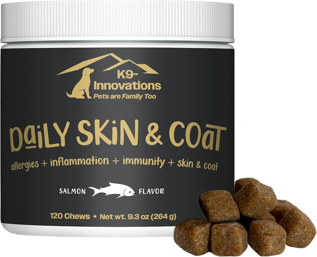 K9-Innovasjoner - Daglig hud og coat hund Chews Salmon Flavor - Redusere kløe og paw Chewing, Omega 3 & VIT C for hud helse - 1-4 måneders forsyning (120qty)