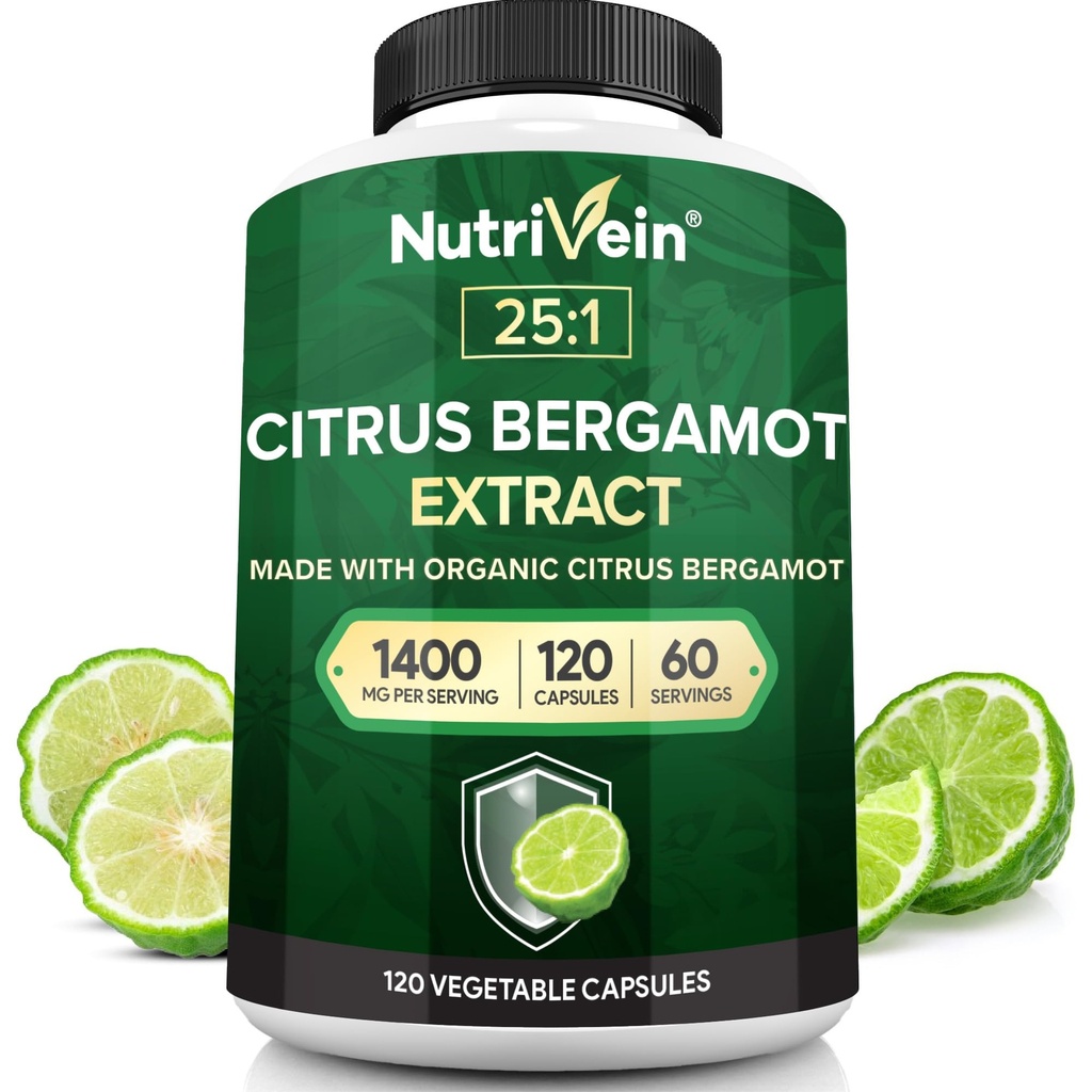 Nutrivein Premium Citrus Bergamot Supplement 1400mg 25:1 Bergamia ekstrakt - 60 dagers forsyning (120 kapsler): Kraftig italiensk Citrus Bergamot 1400 mg + høy konsentrasjon - hjerte og sirkulerende system