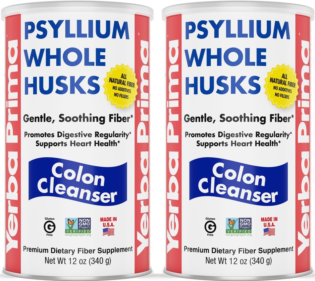 Yerba Prima Psyllium Whole Husks, Colon Cleanser 12 oz (Pack of 2) - All naturlig diett Fiber, ren premium Psyllium, Lab-testet ikke-GMO, Glutenfri fiber, laget i USA