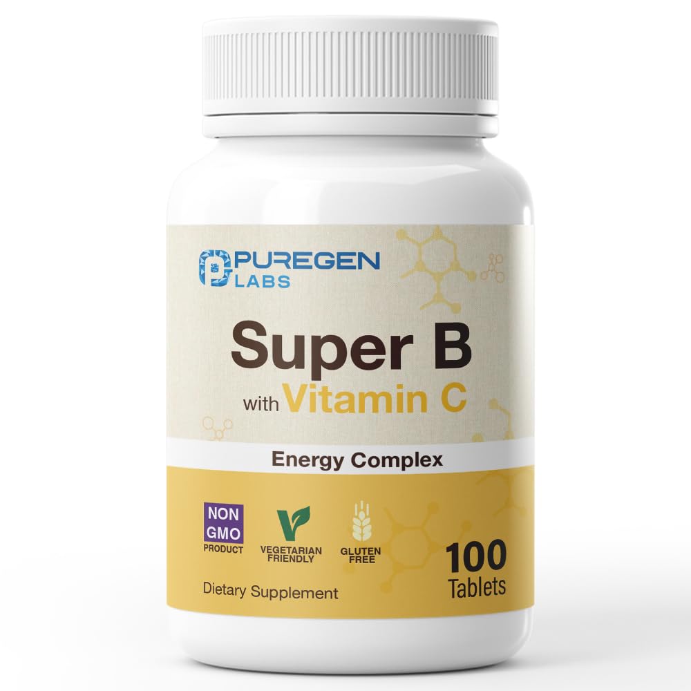 Puregen Labs Super B Energikompleks med vitamin C - immunhelse, energi og nervesystem støtte - ikke-GMO, Glutenfri 100 vegetariske tabletter