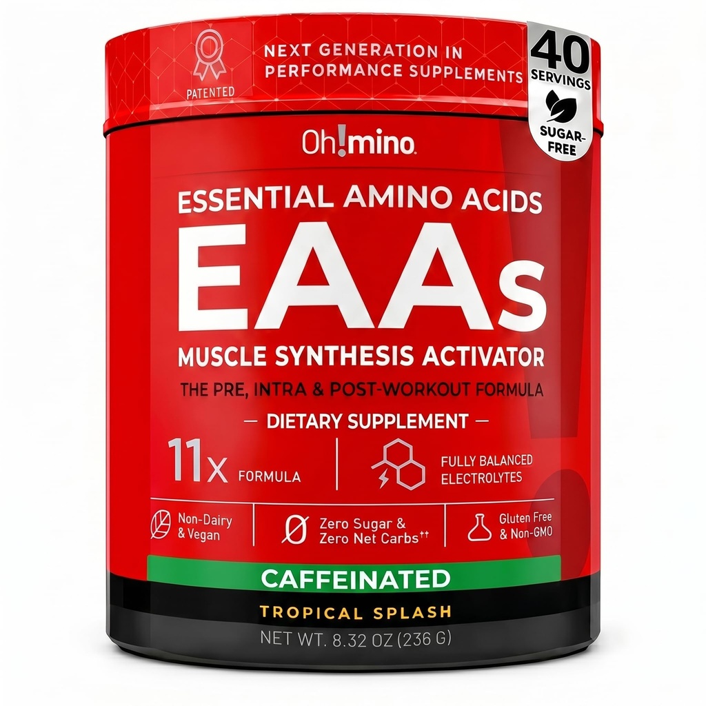 Oh!mino essensielle Aminosyrer Supplement. Tropisk splash, kafeinert pulver. Alle 9 EAA, BCAA og den perfekte Amino for trening, Amino energi, og å bygge muskler, og gjenopprette raskere.