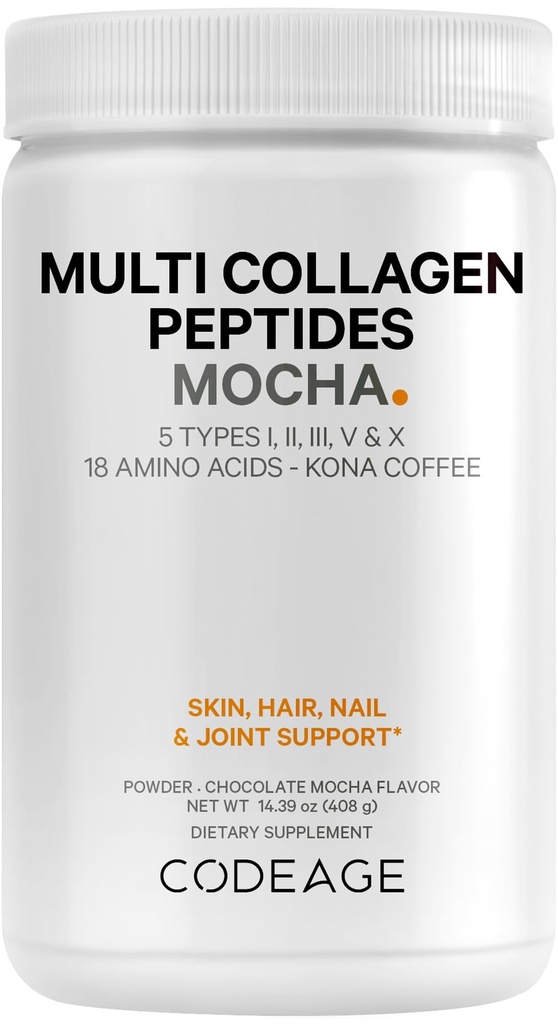 Codeage Multi Collagen Peptides Protein pulver - sjokolade Mocha Instant Coffee - Gourmet Knoa Kaffe Drikke & Skake - Kollagen Type I, II, III, V & X - Grass-Fed, Hydrolysert, Ikke-GMO - 14.39oz