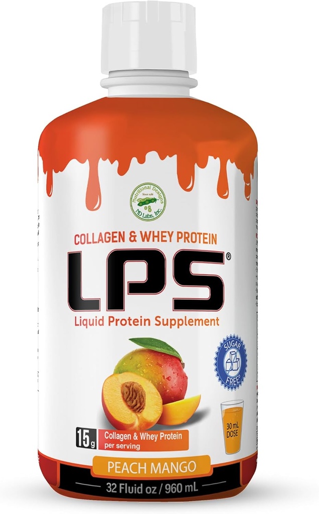 LPS flytende kollagen & Whey Protein Supplement - Sukker-fri, Dye-fri, ikke-GMO drikke - Hydrolysert kollagen & Whey Peptides fremmer sunn hud og hår for menn og kvinner, Peach Mango, 32 fl oz