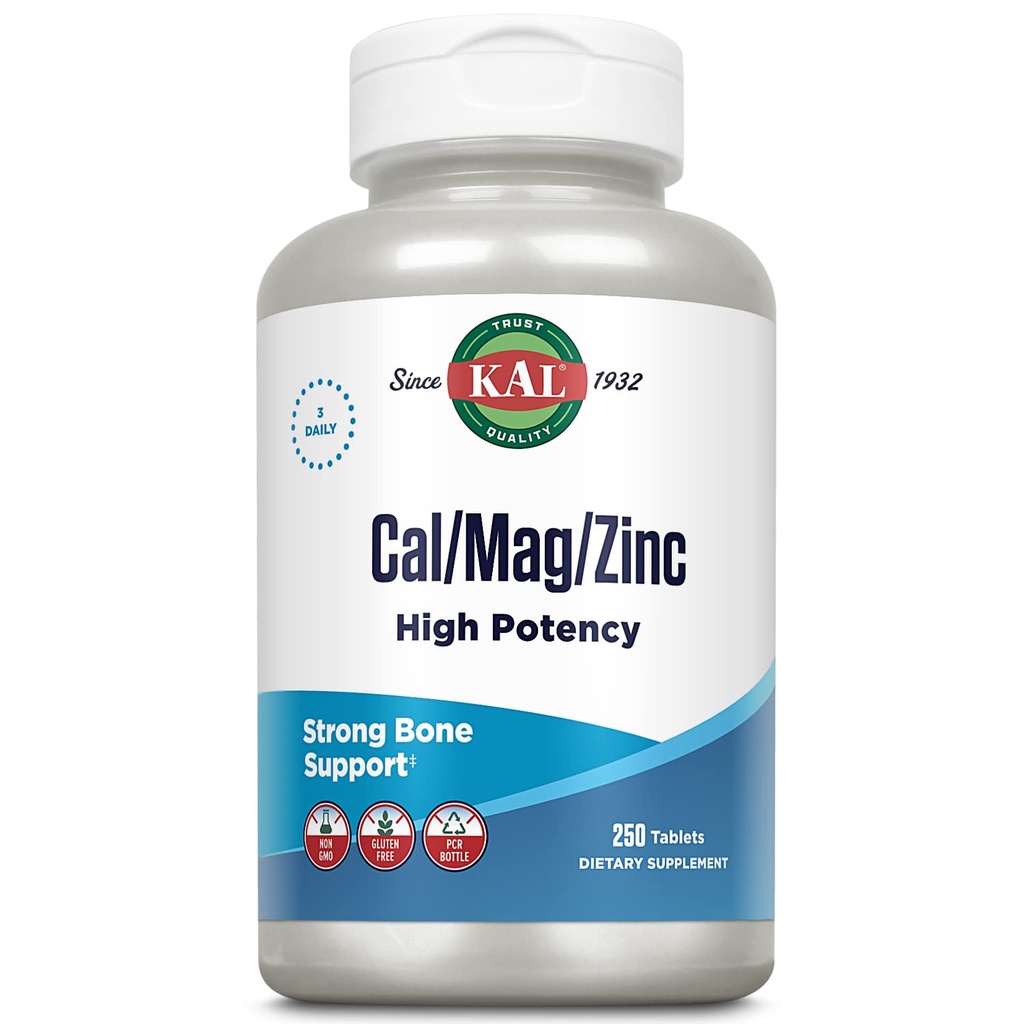 KAL Cal/Mag/Zinc 1000mg Kalsium, 400mg Magnesium og 15mg Sink ® Bone, Muskel, Hjerte og immunstøtte ® 250ct, 83 Serv.