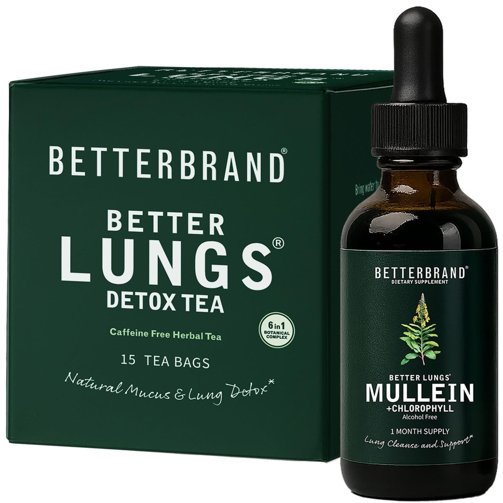 Betterbrand BetterLungs Helsepakke - Bedre Lungs Detox Te & Mullein Leaf Tinktur Drops ® (2) Daglig andningsvelvære