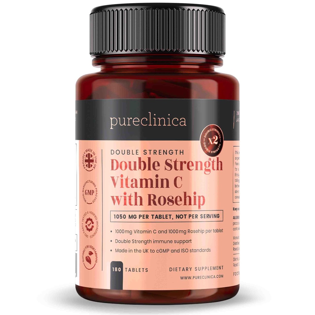 renclinica vitamin C med Rosehip – 2000mg (1000mg VIT C & 1000mg Rosehip Extract) x 180 tabletter - 6 måneders forsyning!