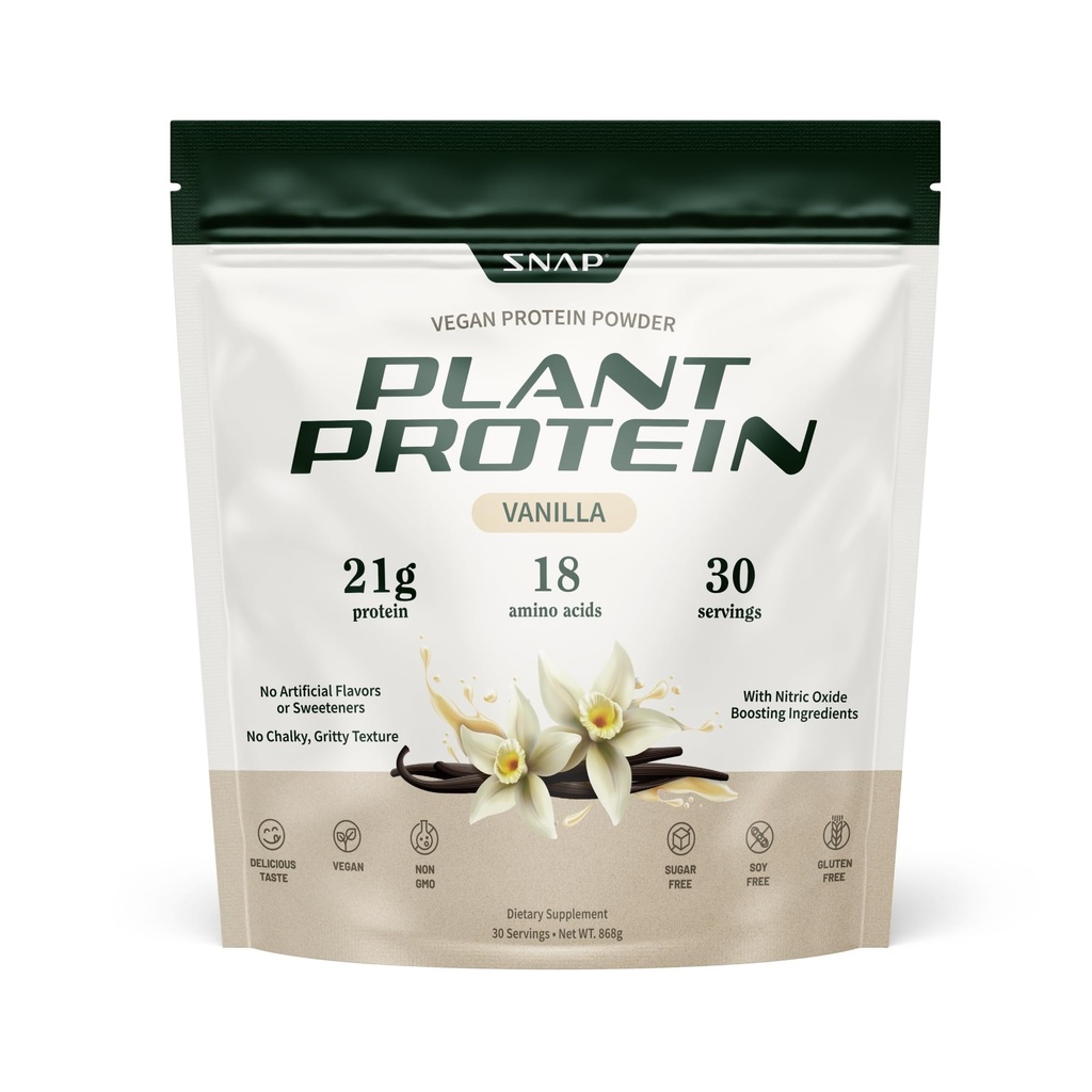 Snap Kosttilskudd Organic Plant Basert Vegansk Protein pulver Nitric Oxid Boosting Protein Powder, Vanilla Bean, BCAA Aminosyre for muskelvekst, ytelse og gjenoppretting - 30 Serveringer (Vanilla)