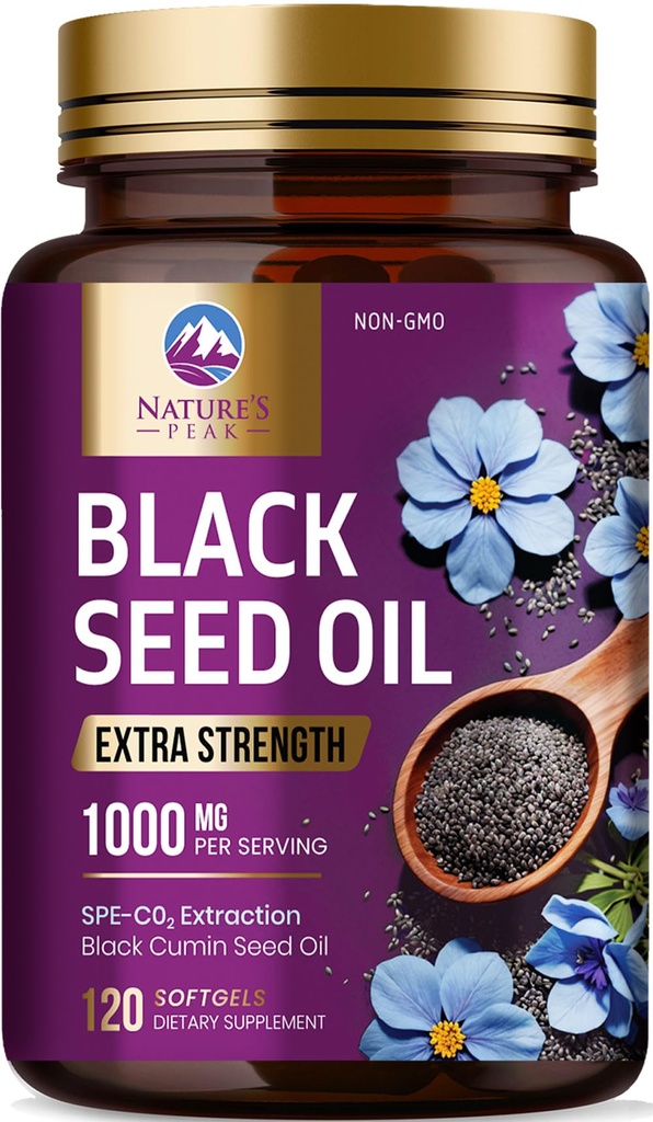 Svart Seed Oil 1000mg - Premium Extra Styrke Nigela Sativa Black Seed Oil - Svart Seed Oil Hud, Digestiv Helse & Immune Support - Ikke-GMO Antioksidant, Glutenfri Supplement - 120 Softgels