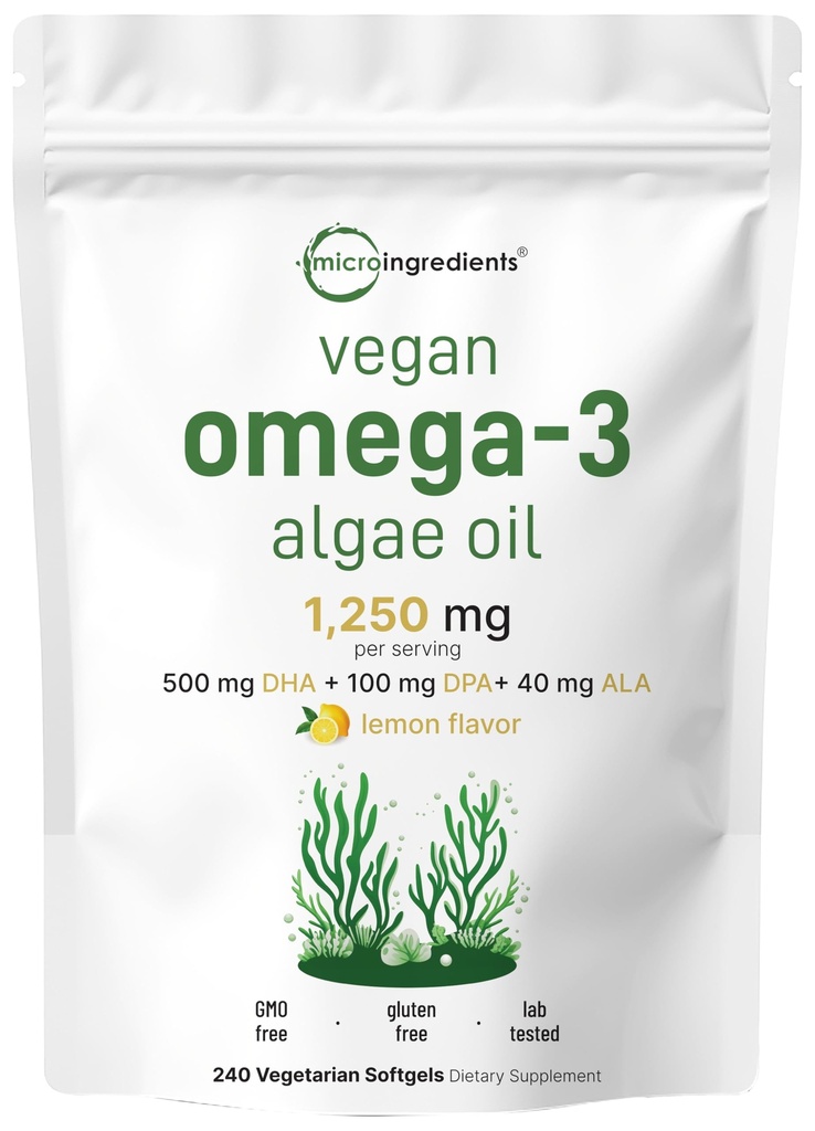 Mikroingredienser Vegan Omega 3 Algae Olje, 240 Veggie Softgels | Fish Oil Alternative | DHA 500mg & DPA 100mg | Carrageenan | Plantebasert Omega 3 med Flaksfrø & ALA | Lemon Flavored