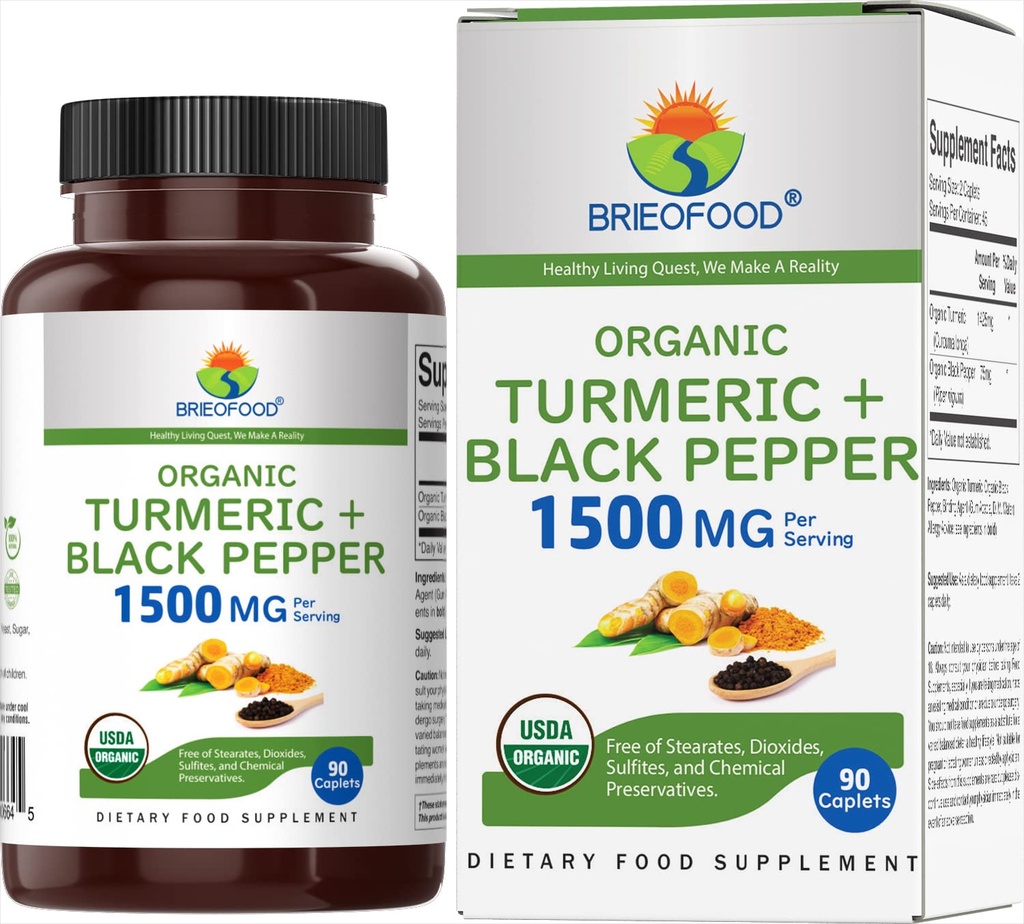 Brieofood organisk gurkemeie med svart pepper 1500mg, 45 serveringer, vegetarisk, glutenfri, 90 vegetariske tabletter