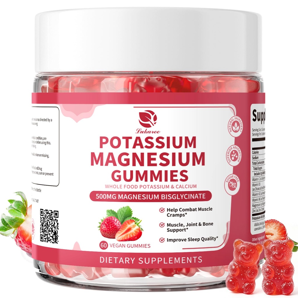 Magnesium Kalium Supplement Gummier - Ny formel Calm Magnesium Glycinat Gummier & Kalium Citrat 200 mg Plus Omega 3, B6, D3, K2 & Kalsium for Zzz, Leg Cramps & Muscle - 120 Antall