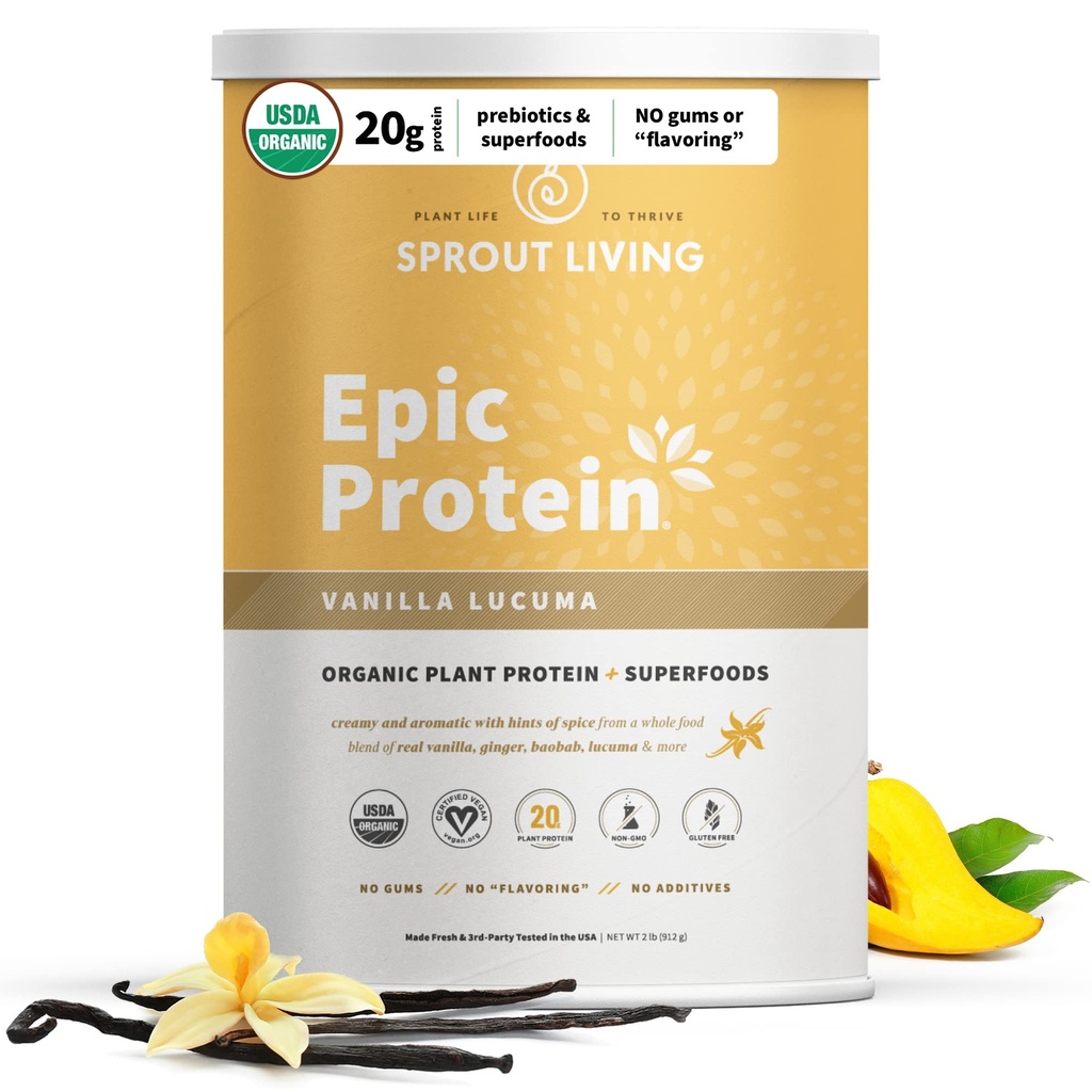Sprout Living Epic Protein, Plant Basert Protein & Superfoods Powder, Vanilla Lucuma pulver | 20 Grams Organic Protein pulver, Vegansk, Ikke-GMO, Glutenfri, Lav Sukker (2 pund, 24 Services)