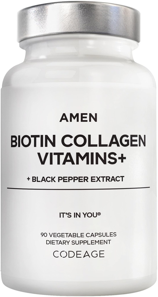 Amen Biotin collagen vitaminer + 10 000 mikrog Biotin Supplement - Hydrolysert kollagen, vitaminer C & E, Folat, Hyaluronsyre, Keratin, MSM, Sag Palmetto - 3-måneders Supply - Ikke-GMO - 90 Kapsler