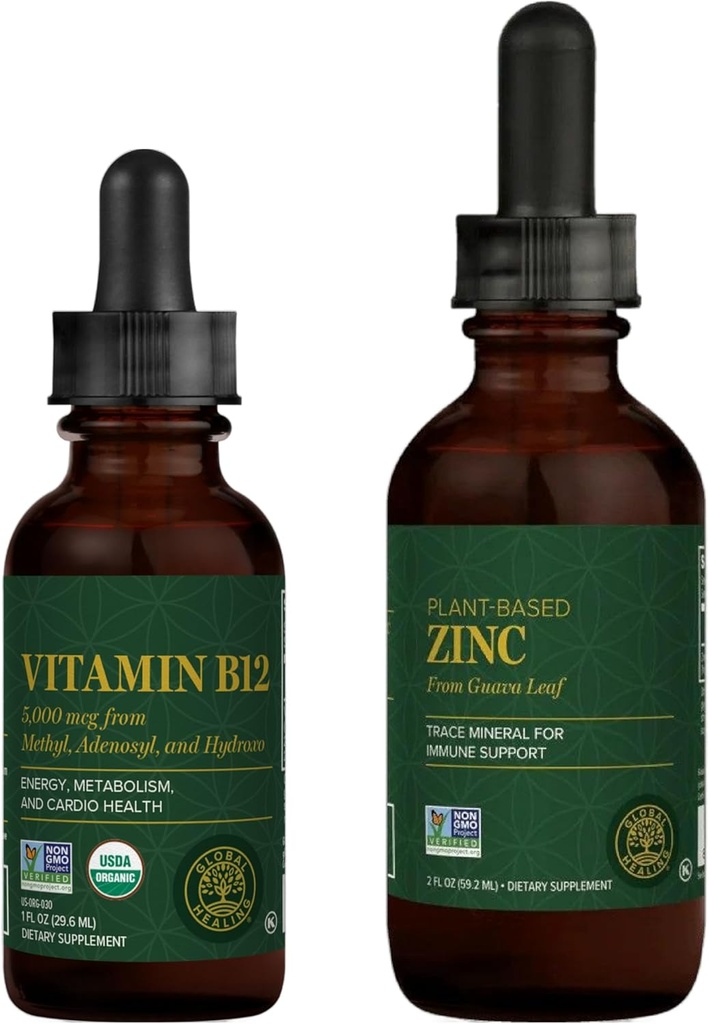 Global Healing Center - Vitamin B12 og organisk sink flytende kosttilskudd Kit - langvarig energi, immunsystem øke, hormonbalanse