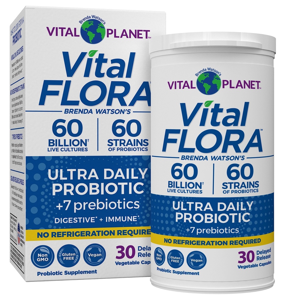 Vital Planet - Vital Flora Ultra Daily Probiotic 60 Million CFU, 60 Diverse Strains, 7 Organic Prebiotika, Immunstøtte, Digestiv Helse Shelf Stabile Probiotika for kvinner og menn 30 Kapsler