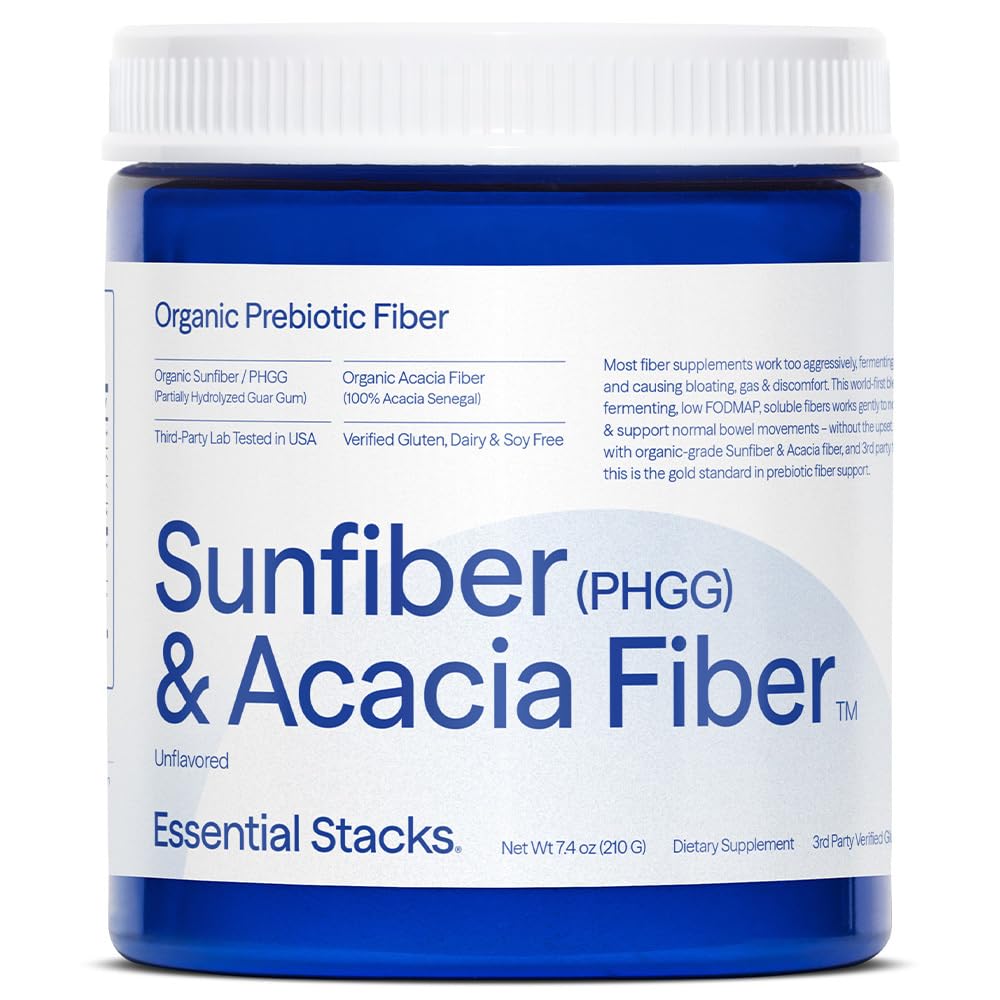 Essential Stacks Organic Sunfiber Prebiotic Fiber (Partially Hydrolysert Guar Gum / PHGG) med Acacia Fiber Powder - Glutenfri, Ikke-GMO & Uflavored Oppløselig Fiber (7,4 oz)