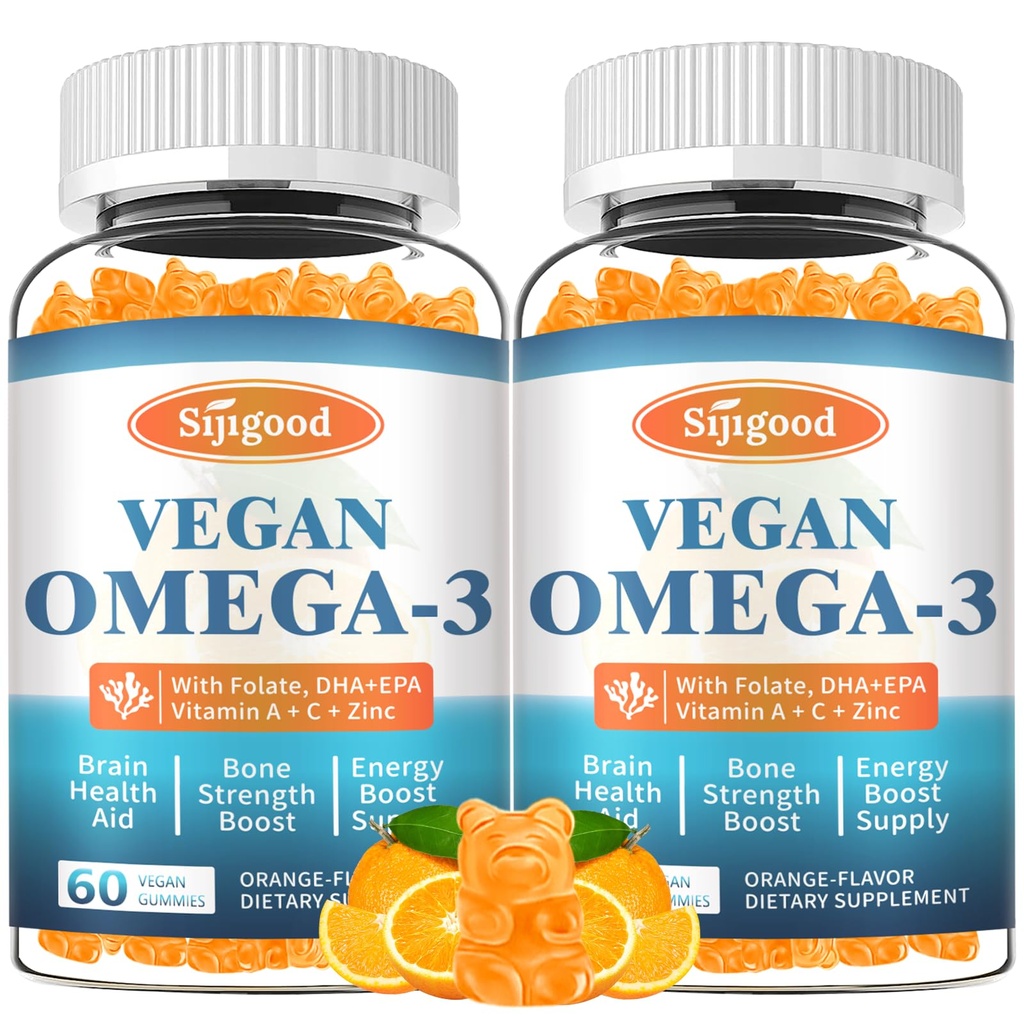 2 Pack Omega-3 Gummies Potent Algae Omega Source, Boost Brain, Øye og immunfunksjon, med DHA og EPA Vegan & Sukkerfri, Orange Flavor, 120 Count