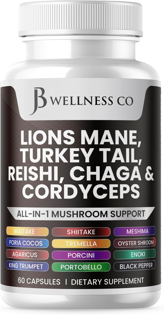 Lions Mane Supplement Kognitiv støtte, immunhelse med Tyrkia Tail 20in1 Mushroom Reishi Cordyceps Chaga med Marshmallow Root 60 greve