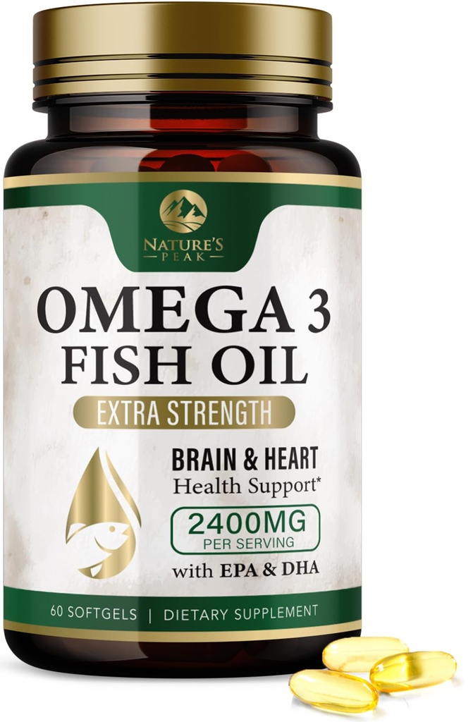 Omega 3 Fiskeolje piller 2400mg - Trippel styrke Omega 3 Fish Oil kosttilskudd - beste EPA & DHA fettsyrer for hjerne og hjerte helse støtte, Naturens Omega3 Supplement, 30 dagers forsyning - 60 Softgels