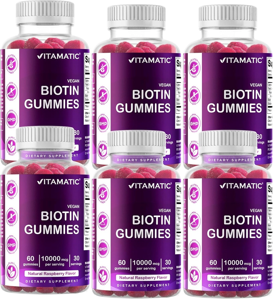 Vitamatic Biotin Gummies 10.000 mhg for sterkere hår, hud og negler - 60 vegansk gummi - også kalt vitamin B7 (6 flasker)