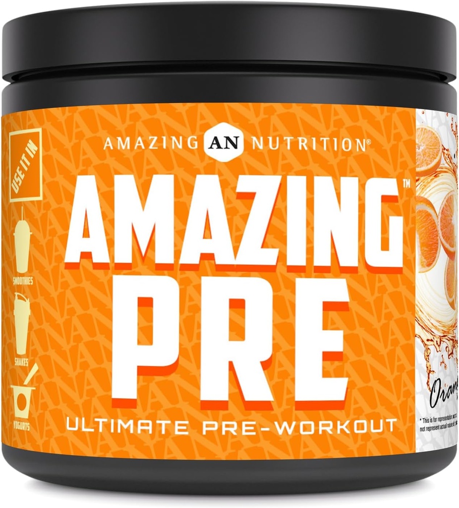 Amazing Nutrition Amazing PRE | Ultimate Pre-Workout Supplement | 30 Serverings pulver | 2,5 gram BCAA Per Serving (30 Services, naturlig oransje)
