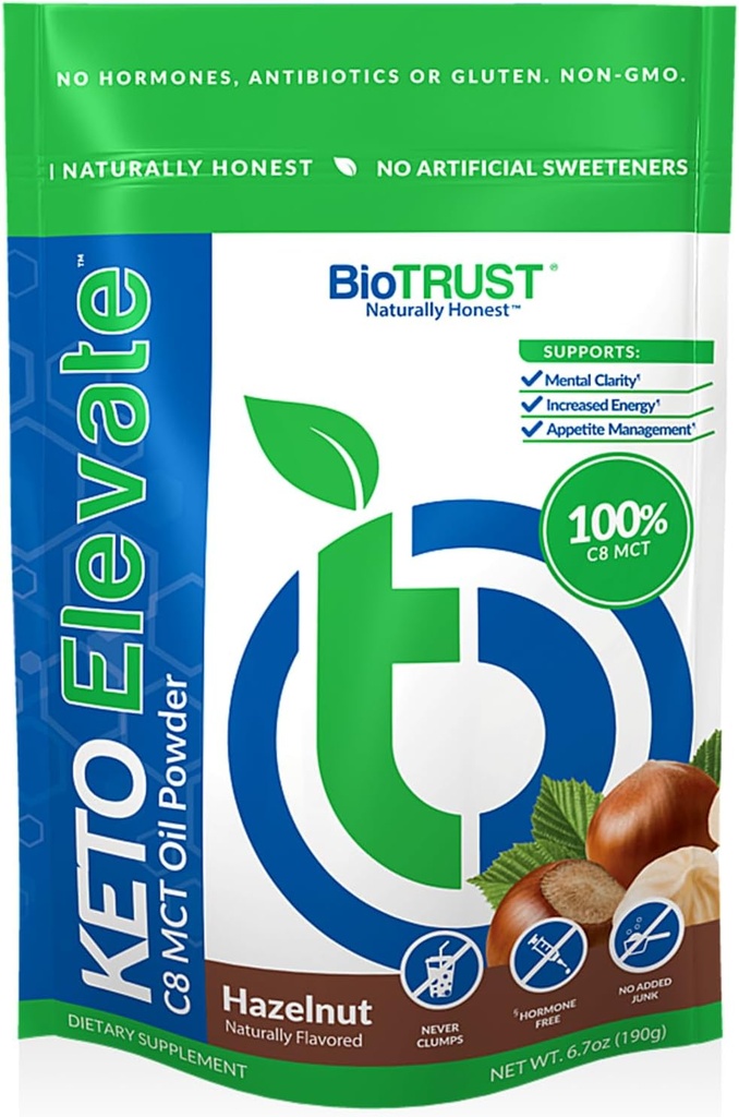 BioTrust Keto Elevate – C8 MCT oljepulver – Ketogen MCT kaffekremer, keto kaffekremer – ren energi, mental fokus og klarhet – 100% Caprylsyre MCT pulver, ikke-GMO (Hazelnut, 20 serveringer)