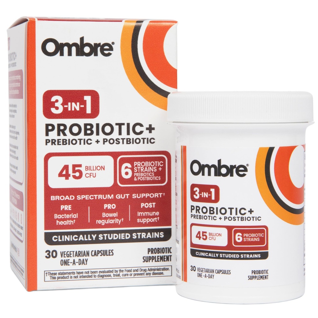 Ombre 3-i-1 Probiotiske, prebiotiske og postbiotiske for Digestive Helse & Gut Helse - 45 milliarder CFU - Bleating, Bloating and Gas Relief - Metabolic & Immune Support for kvinner & menn, 30 dagers Supply