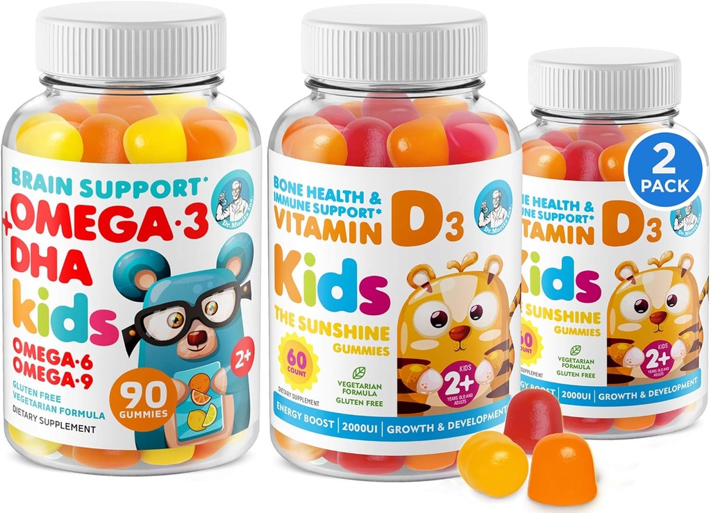 Omega 3 DHA Gummies og vitamin D Gummies for barn og voksne - Ingen fisk olje og glutenfri immun helse plante basert fiber Chewable