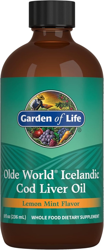 Garden of Life Olde World Islandsk Cod Liver Oil Liquid - Lemon Mint Flavor - 1000mg Omega 3 Fish Oil, Fatty Acids, EPA, DHA, Vitamin D & A, CLO Kosttilskudd for Hearth Health, 47 Serveringer